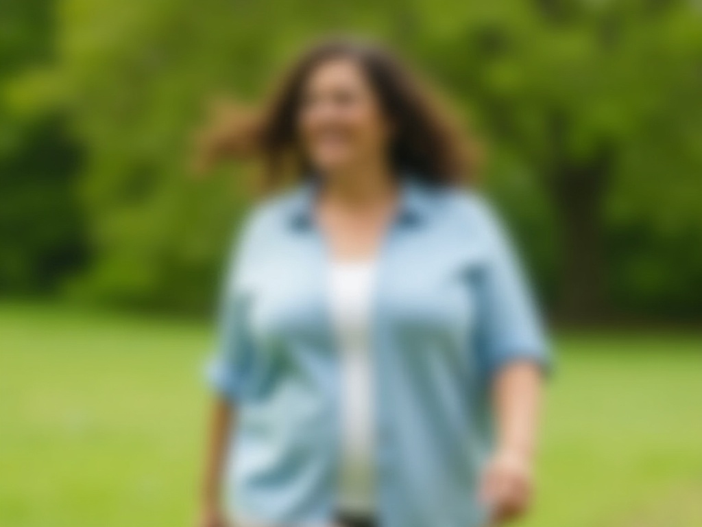 Kobieta plus size spaceruje w parku z korektorem postawy pod bluzą