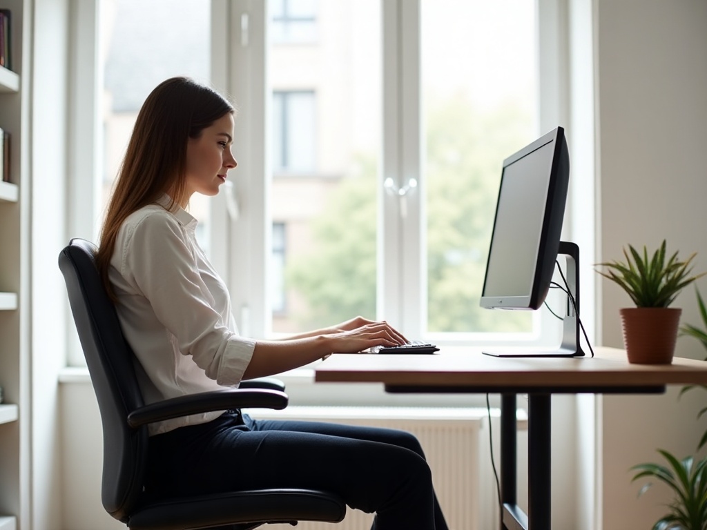 Prawidłowa ergonomia stanowiska pracy - monitor na wysokości oczu, prosta postawa