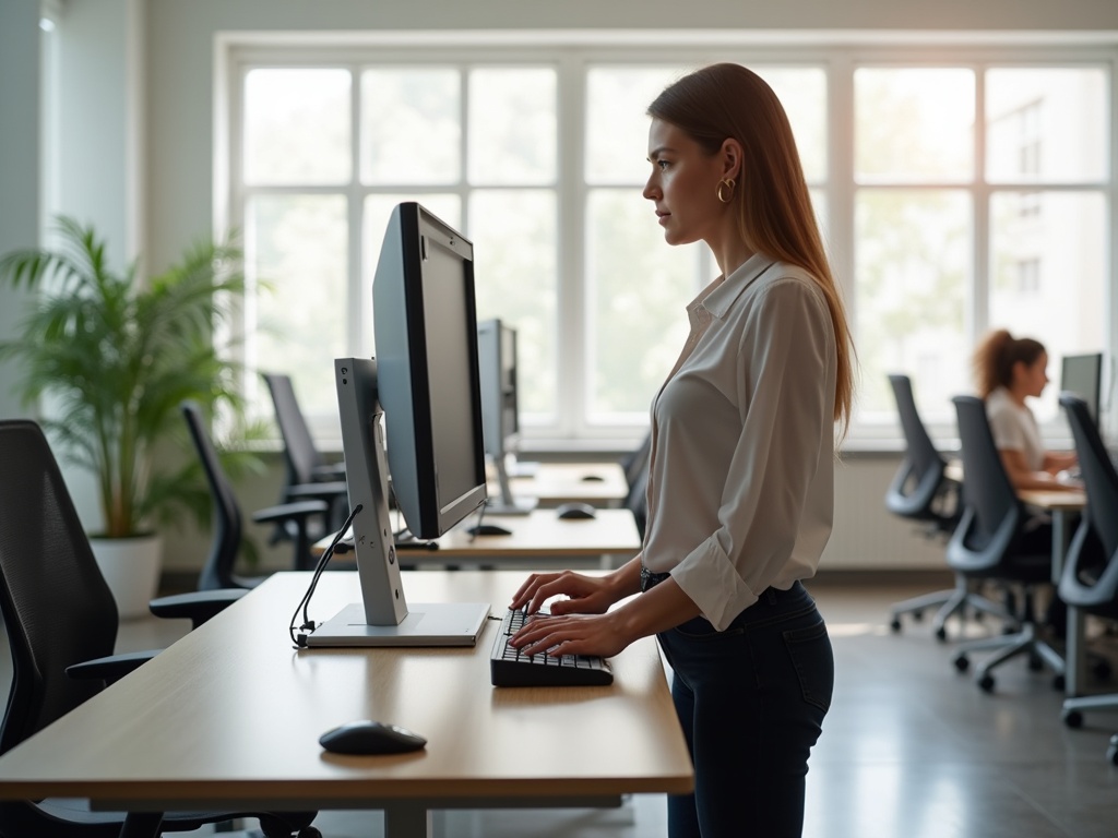 Ergonomiczne stanowisko pracy z monitorem na wysokości oczu i klawiaturą na poziomie łokci