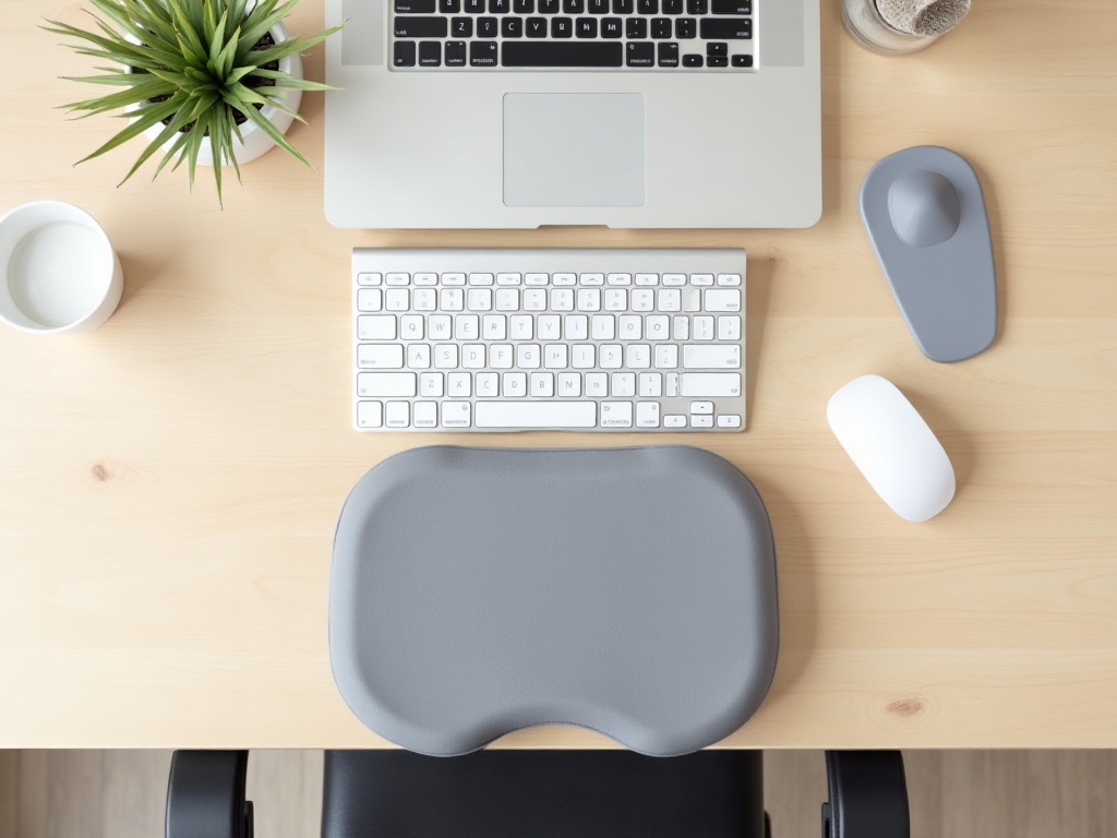 Akcesoria ergonomiczne do biurka: poduszka do siedzenia, podnóżek, mysz ergonomiczna i podkładka pod nadgarstki