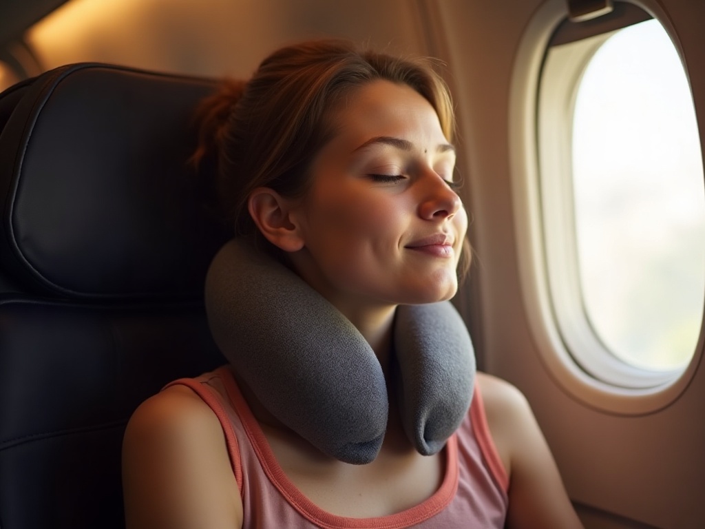 Kobieta śpiąca w samolocie z poduszką podróżną memory foam na szyi