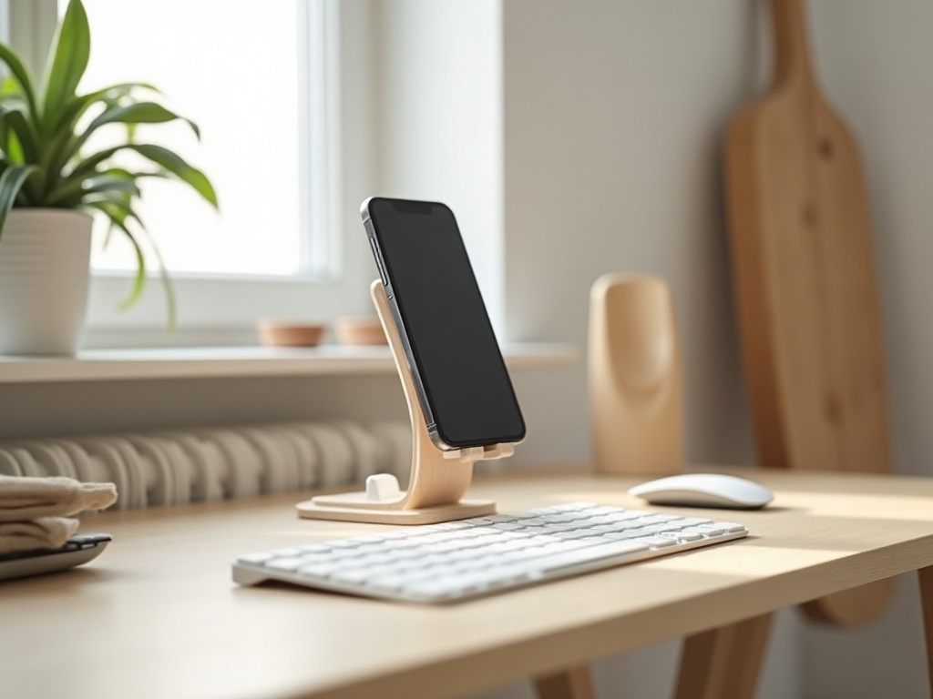 Smartfon ustawiony na stojaku na poziomie wzroku - ergonomiczne rozwiązanie zmniejszające napięcie karku