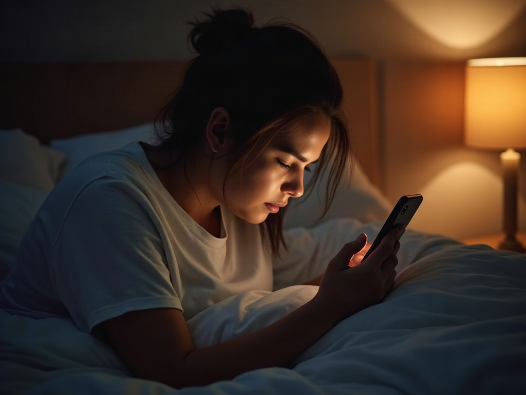 Osoba używająca telefonu w łóżku z pochyloną głową przed snem