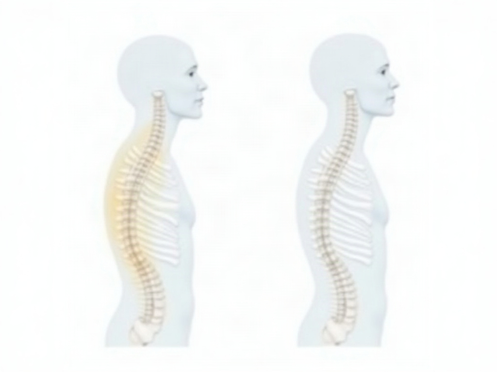 Porównanie prawidłowej krzywizny kręgosłupa z nadmierną kifozą piersiową na ilustracji anatomicznej