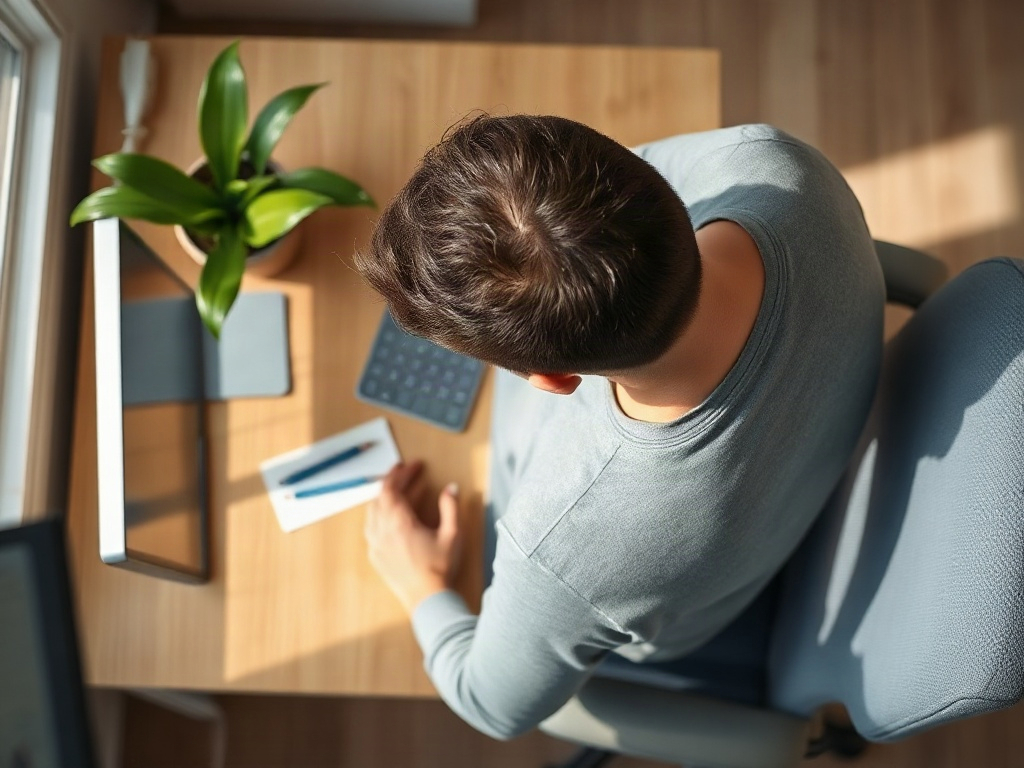Stanowisko pracy z nieprawidłowym ustawieniem monitora powodującym pochylenie głowy